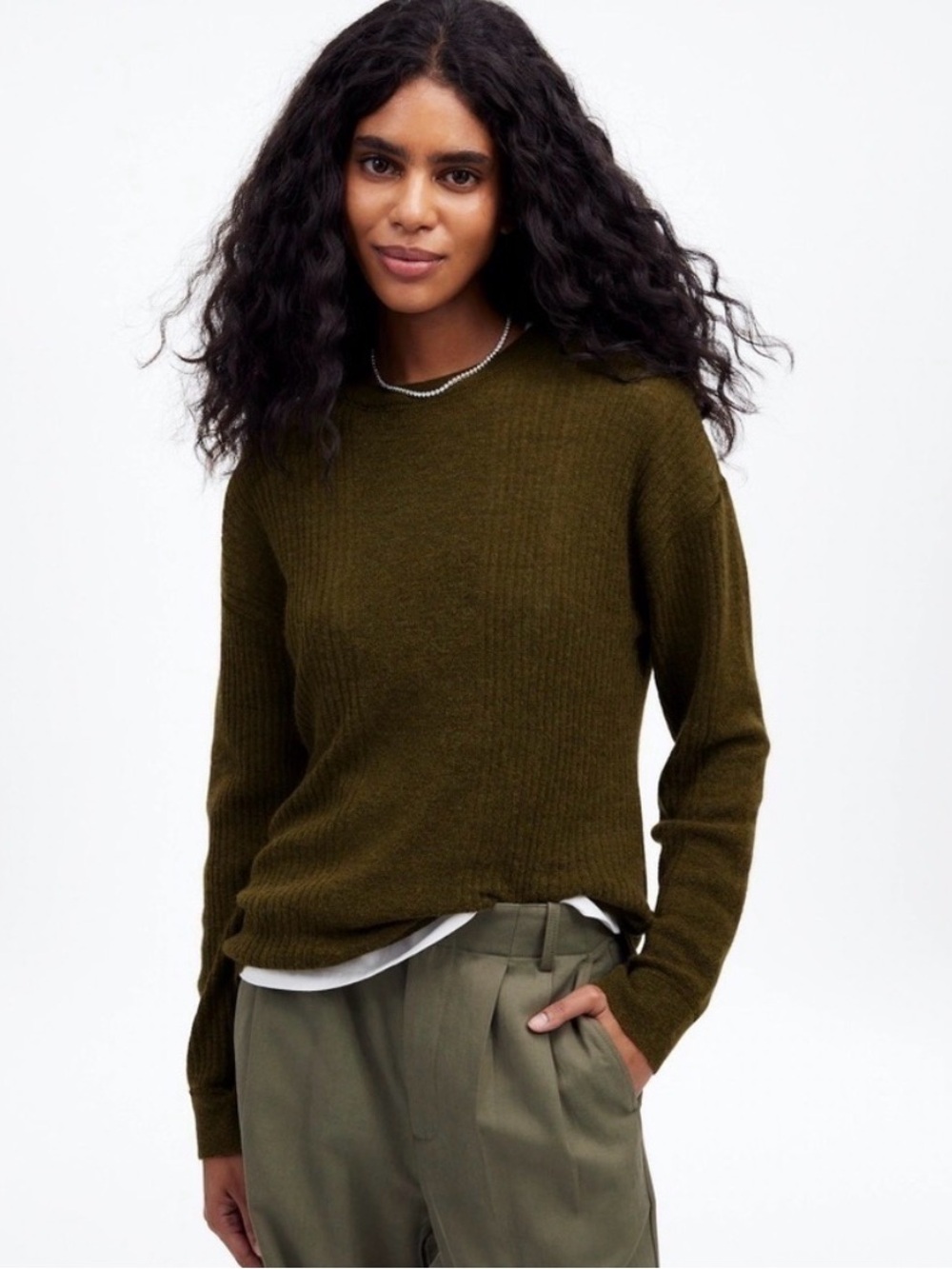 Madewell Ribbed Alpaca-Blend Crewneck Sweater in Kale Green XS